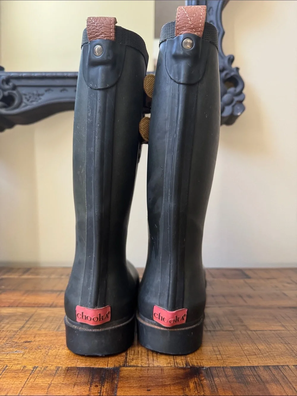 chooka Black Rain Boots with Tan Buckle Accents